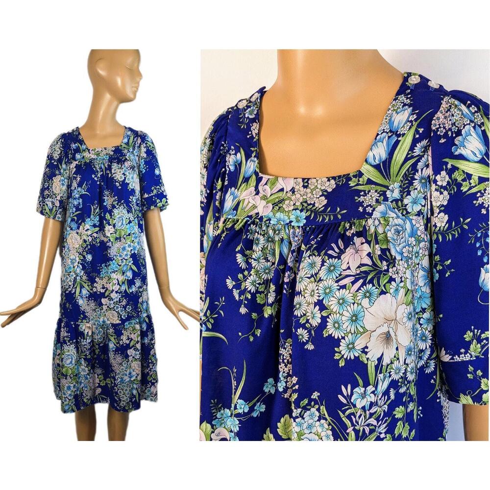 Liberty House 1970s blue floral dress tiki hawaiian square neck kaftan midi